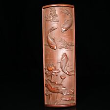 Chinese Antique Vintage Bamboo Carving Exquisite Arm Pillow Lotus Fish Statue picture