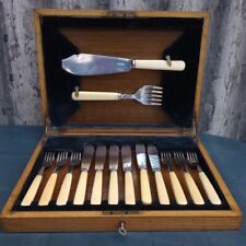 Antique Silver Plated 14 Piece Cutlery Set Wooden Box Key Fish Server CJA picture