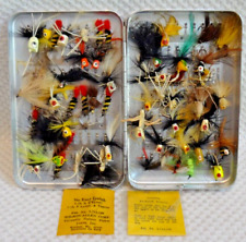 Vintage Fly Fishing Aluminum Perrine #90 Fly Box w/ 57 Flies picture