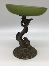 Antique Vintage Compote Brass Kio Dragon Fish Pedestal Frosted Green Glass 8