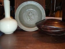 Lot Of 3 Rare Chinese Antiques Celadon Twin Koi Fish Bowl, Rosewood Shell,... picture
