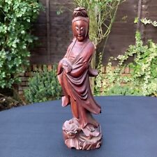 Antique Old Chinese Boxwood Wood Figure Guanyin Bodhisattva Dragon Fish Statue picture