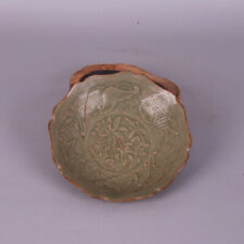 Chinese Song Yaozhou Kiln Celadon Glaze Porcelain Carved Lotus Fish Plate Crafts picture