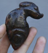 2.7'' China Hongshan Culture Old Jade Carving Beast Head Fish Amulet Pendant picture