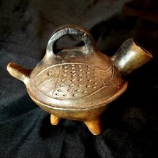Primitive South American Clay Pottery Vessel Jug Footed Engraved Fish Handled picture