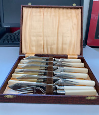 Vintage Set Of Fish Cutlery stainless nickel cream handles in brown case picture