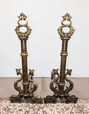 Pair Ornate Dolphin Fish Cast Bronze Fireplace Andirons picture