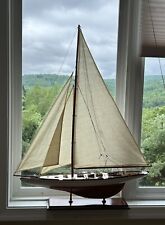 Vintage Large Wooden Model Sailboat Yacht Sailing Boat Boating Cloth Sails Stand picture