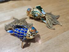 2 Vintage Articulated Chinese Export Enamel Cloisonné Koi Fish Blue Green picture