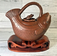 VTG Chinese Yixing Clay Fish Teapot Kettle Pitcher Frog Lid W Hand Carved Stand picture