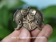 China Old Copper Bronze Handmade Double Fish Statue Necklace Amulet Pendant Hj14 picture