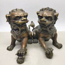 A Pair Vintage Collectible Chinese Copper Bronze Brass Lion Ornament Statues picture