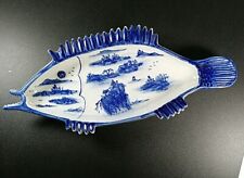 Vintage Chinese Fish Blue Plate Large Marked base 41cm wide picture