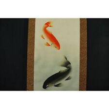 Hanging Scroll Playing Carp Fish Nishikigoi Japan Kakejiku Antiques Japanese Art picture