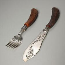 English Sterling Silver and Antler  Etched Fish Serving Knife Fork Set Antique picture