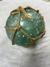 Vintage Japanese Glass Fishing Float Buoy Ball Roped Net Turquoise Blue  picture