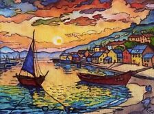 ORIGINAL Hand Painted Pen and Watercolor (ACEO) Fishing Village at Sunset picture