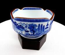 ASIAN PORCELAIN BLUE AND WHITE BOAT AND RIVER SCENES 4 5/8