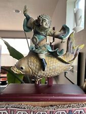 Chinese Figurine Roof Tile, Antique, Exquisite Man Riding A Koi Fish, On Stand picture