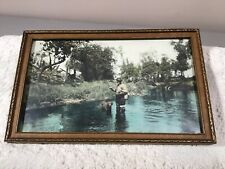 Vintage Original Picture Man and Dog Fishing River CA 20's Nice Frame picture