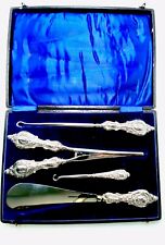 Sterling Silver Victorian Boxed Set Glove Stretcher Shoe Horn Button Puller VTG picture