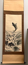 Antique Japanese Scroll Painting Jumping Fish c. early 20th Century picture