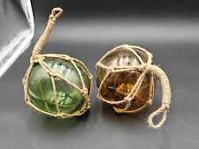 Lot of 2 Decorative Glass Fishing Float Buoy Balls Amber & Green W/ Nets picture