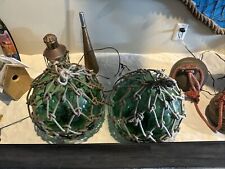 Antique / Vintage PAIR of Japanese LARGE Glass Roped Netted Fishing Floats picture