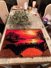 Vtg.Large Mid Century Latch Hook Hanging Shag Rug Sunset Wall Art  picture