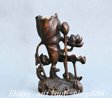 2.7'' China Dynasty Bronze Fengshui Lotus Flower Lotus Leaf Fish Beast Statue picture