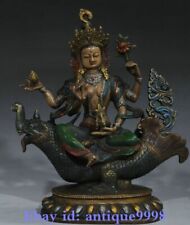 Old Nepal Buddhism Bronze Painting 4 Arms Green Tara Goddess Dragon Fish Statue picture