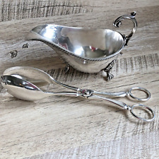 Vintage Gravy Boat & Serving Tongs, Silver Plated Tableware (Sauce / Creamer) picture
