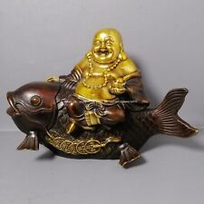 8'' Tibet copper Bronze Gold Happy Maitreya Buddha On Fish Wealth Money statue picture