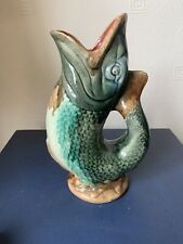 Majolica Antique Gluggle Gurgle Fish Jug Vase Green picture