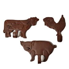 3 Farm Animal Cast Iron Coat Hooks Pig Rooster Cow Rustic Country Style Hooks picture