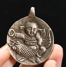 1.9'' China Old Silver Fengshui Children Fish Goldfish Fishs Amulet Pendant picture