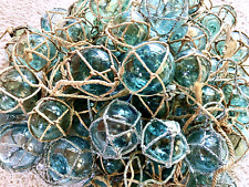 10pc Japanese Glass Fishing Floats, Net & Rope, Blown glass, Blue Green  2-3 in picture