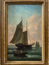 ðŸ”¥ Antique Old 19th c. Nautical Ship Seascape American Folk Art Oil Painting picture