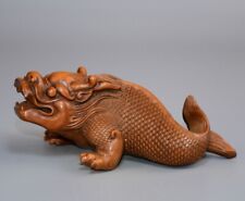 Chinese Natural Boxwood Carved Exquisite Dragon Fish Statue Lovely Woodwork Gift picture