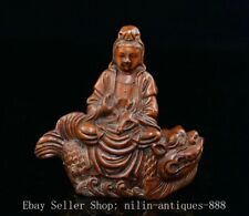 3.5'' Chinese Buddhism Boxwood Carved Dragon Fish GuanYin Kwan-yin Buddha Statue picture