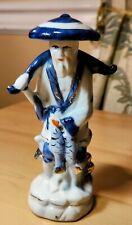 Vintage Blue & White Chinese Porcelain Fisherman Carrying Fish in Basket picture