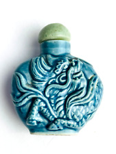 Old Chinese Turquoise Blue Hand Carved Fish Bottle Spoon Celadon Lid picture