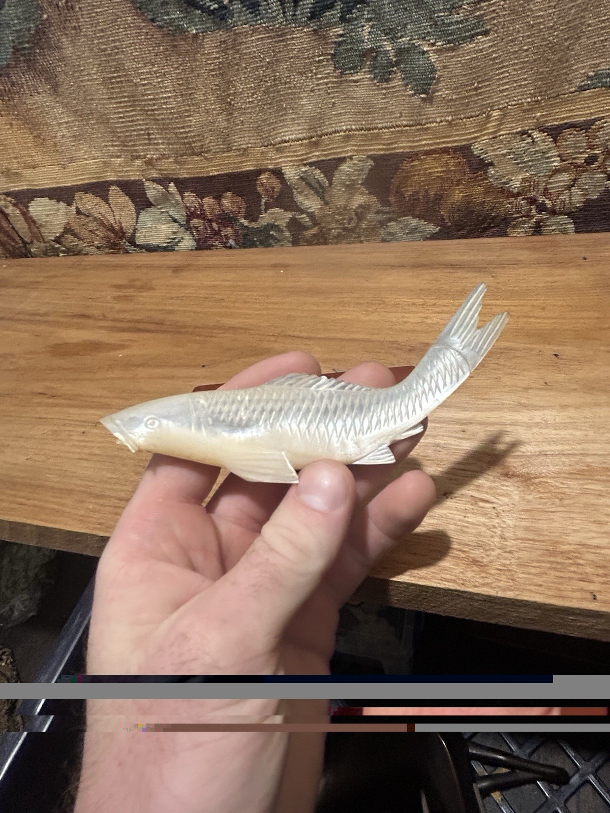 Antique Japanese Okimono Sculpture Of A Fish In Mother Of Pearl With Base