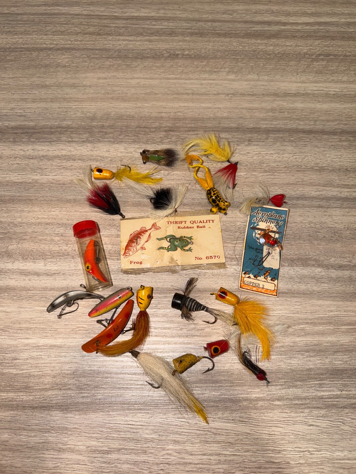 Vintage Fishing Lure Lot Aeroplane Spinner Rubber Frog Old Feather Plugs Baits