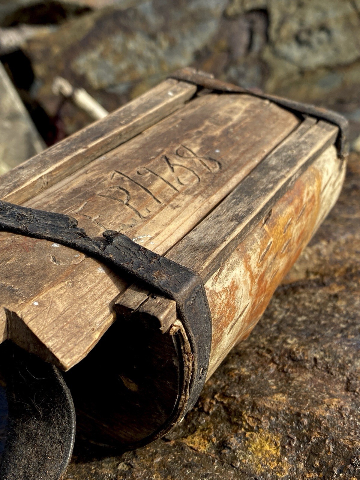 Vintage 1930’s Folk Art Shed Made Bait Box Birch Bark Dated 1938 & Initialled
