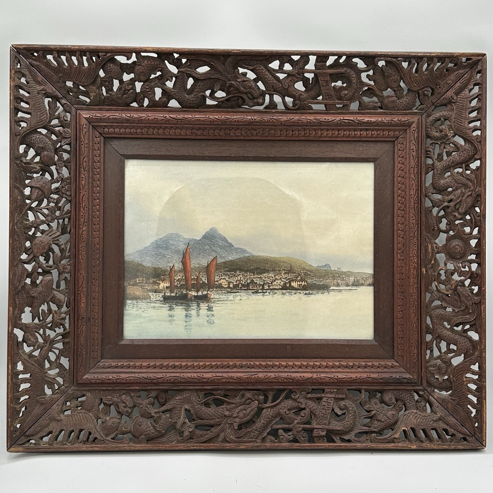 Antique Chinese Nautical Art Hardwood Carved Picture Frame Dragon Koi Fish Bat