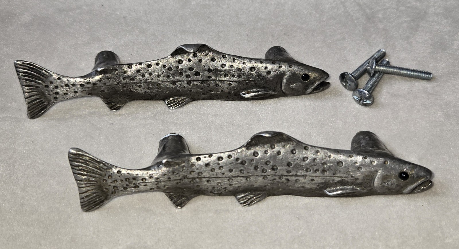 Lot Of 2: 5 Inch Pewter Trout Pulls Anne At Home Drawer Pulls Knobs Handles Fish