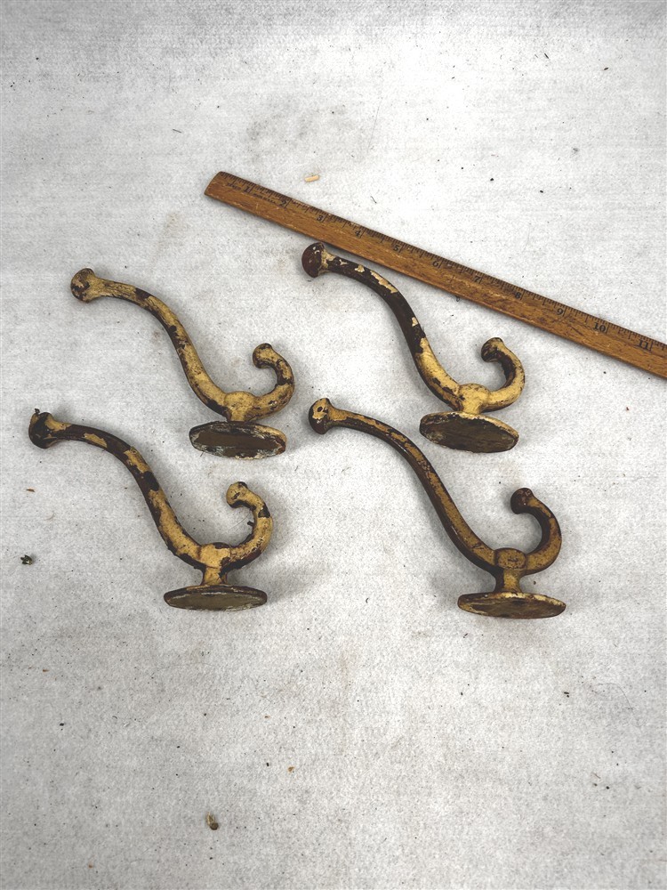 antique large hooks coat wall mount iron 6 in. 4 matching lot original 19thc 
