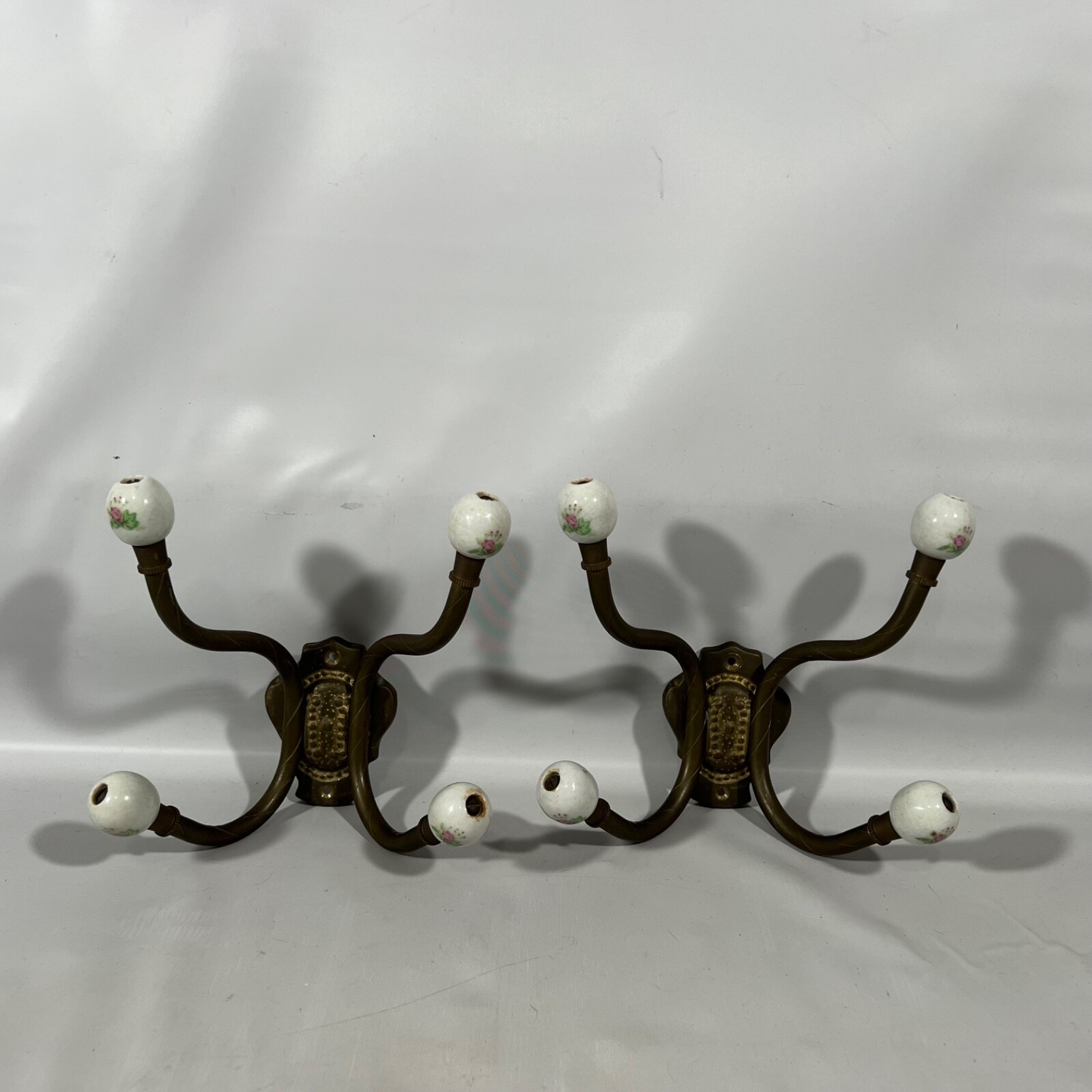 Vintage Hollywood Regency Ceramic Brass Coat Hanger Wall Hook Handpainted Roses
