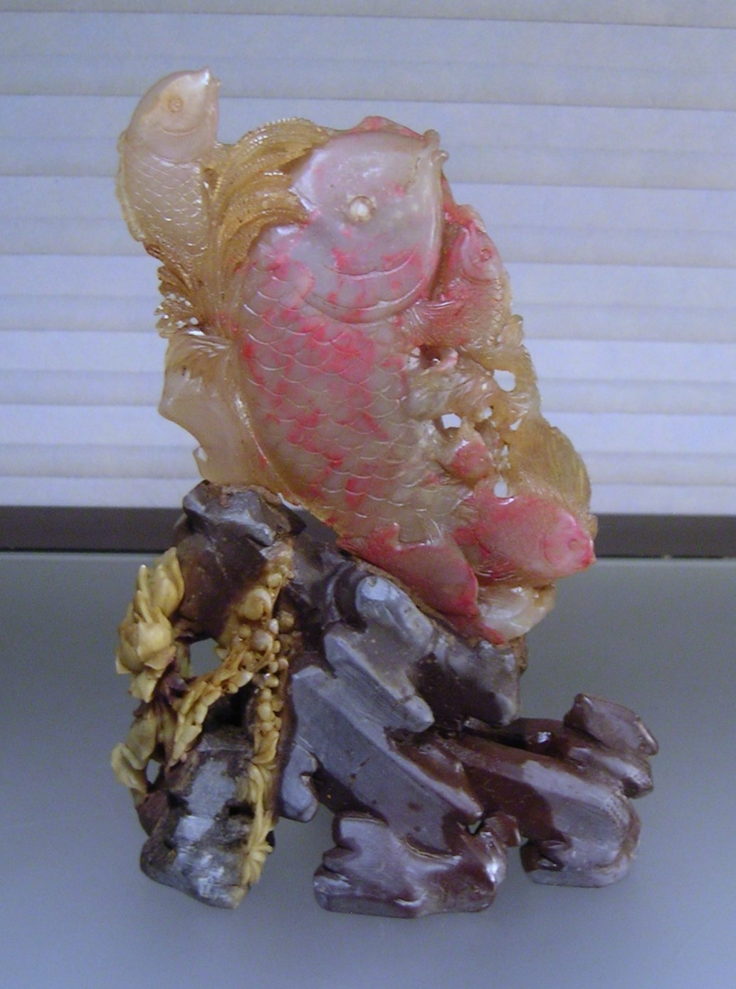 Vintage Chinese Carved Stone Koi Fish Statue Sculpture